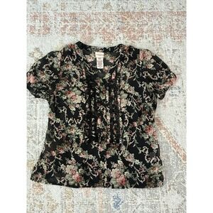 Covington Black Rose Floral Sheer Blouse Lace Accent Petite Vintage Style Small